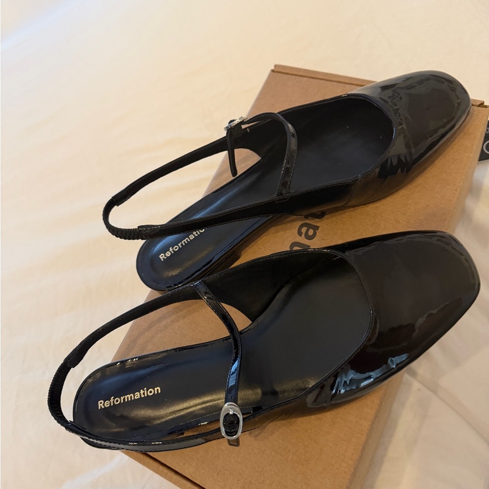 Reformation Glossy Black Flats- Claire Flat Sling Back - Picture 2 of 7
